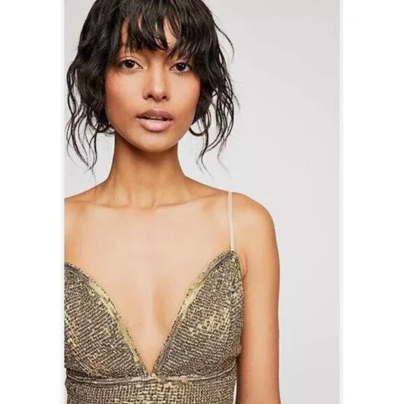 NEW FREE PEOPLE X SAYLOR Sz X-Small FRANKIE SEQUIN MESH MINI SLIP DRESS Gold - Picture 4 of 13